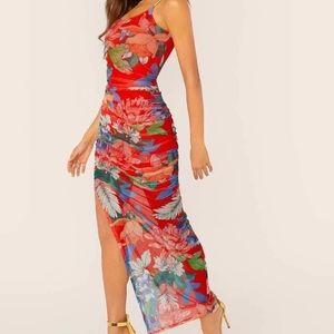 Floral Print Slit Hem Draped Slip Dress